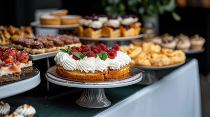 Explore this elegant dessert buffet featuring beautifully arranged cakes and pies, perfect for any occasion, showcasing a variety of delicious treats.