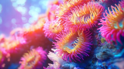 Obraz premium Vibrant pink and yellow anemones cluster together on a coral reef, bathed in the soft light of the ocean.