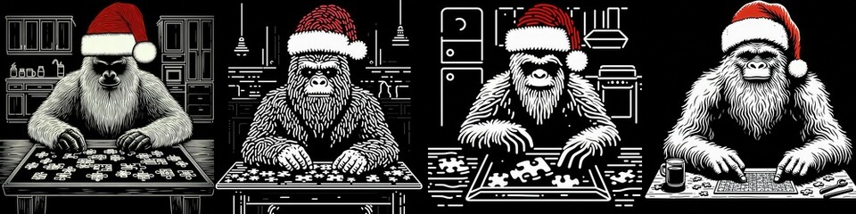 Obraz premium Bigfoot in santa hat solving puzzle at kitchen table
