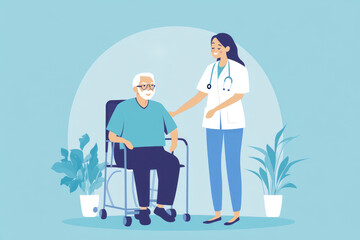 Medicine for senior people, flat illustration of clinic with nurse and old disabled man in wheelchair. Compassionate healthcare and support for elderly patients in hospital.