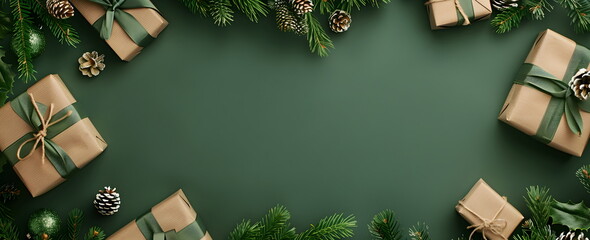Top view of green christmas background with fir branches and gifts in natural wrapping paper.Banner with copyspace