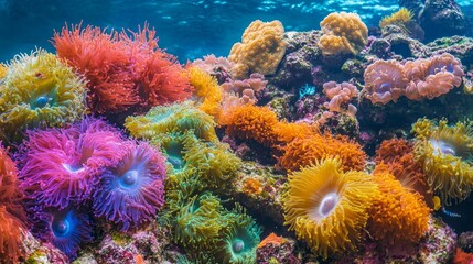 Fototapeta premium Vibrant sea anemones with various colors bloom on a coral reef in the ocean.