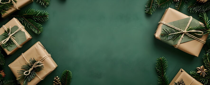 Top view of green christmas background with fir branches and gifts in natural wrapping paper.Banner with copyspace