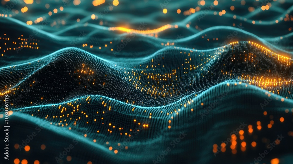 Poster futuristic digital waves with glowing particles and abstract nodes representing tech-driven processe