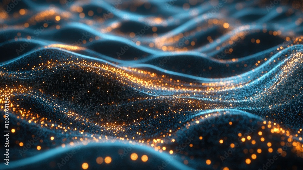 Poster futuristic digital waves with glowing particles and abstract nodes representing tech-driven processe