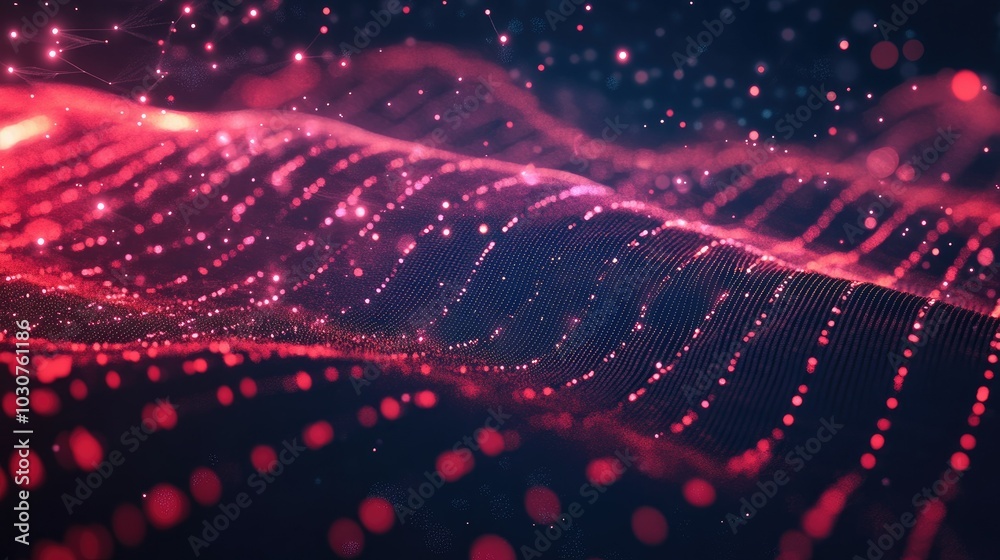 Poster futuristic digital waves with glowing particles and abstract nodes representing tech-driven processe