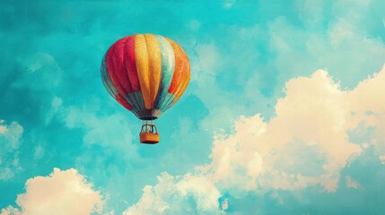 Naklejka premium A colorful hot air balloon floats against a blue sky.