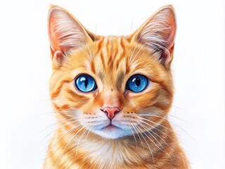 Minimalist Drawing of an Orange Cat with Blue Eyes on White Background for Home Decor