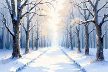 Obraz premium Sun shining on a snowy path lined with trees