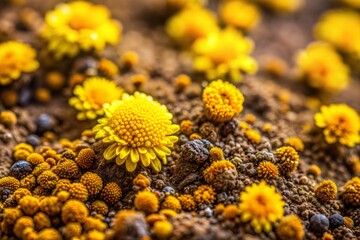 Vibrant yellow flowers in field over rich dirt texture