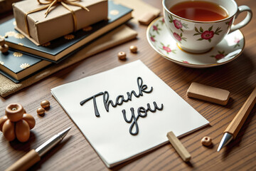 Writing thank you card on desk with tea and gifts nearby