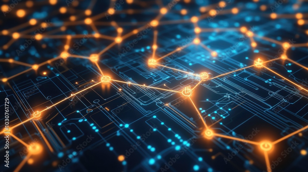 Poster glowing circuit board patterns and abstract nodes representing high-tech systems and technological a