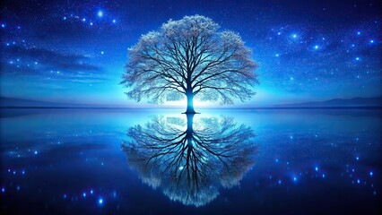 Forced perspective tree of life mirrored in a calm lake with blue lights reflecting in the water