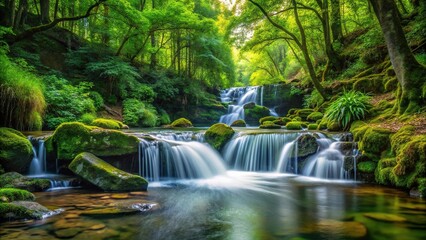 Forced perspective view of a little stream waterfall in the woods