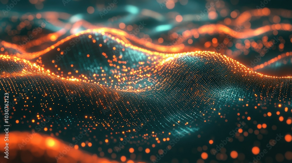 Poster glowing data points and digital waves in an abstract tech background symbolizing modern digital proc