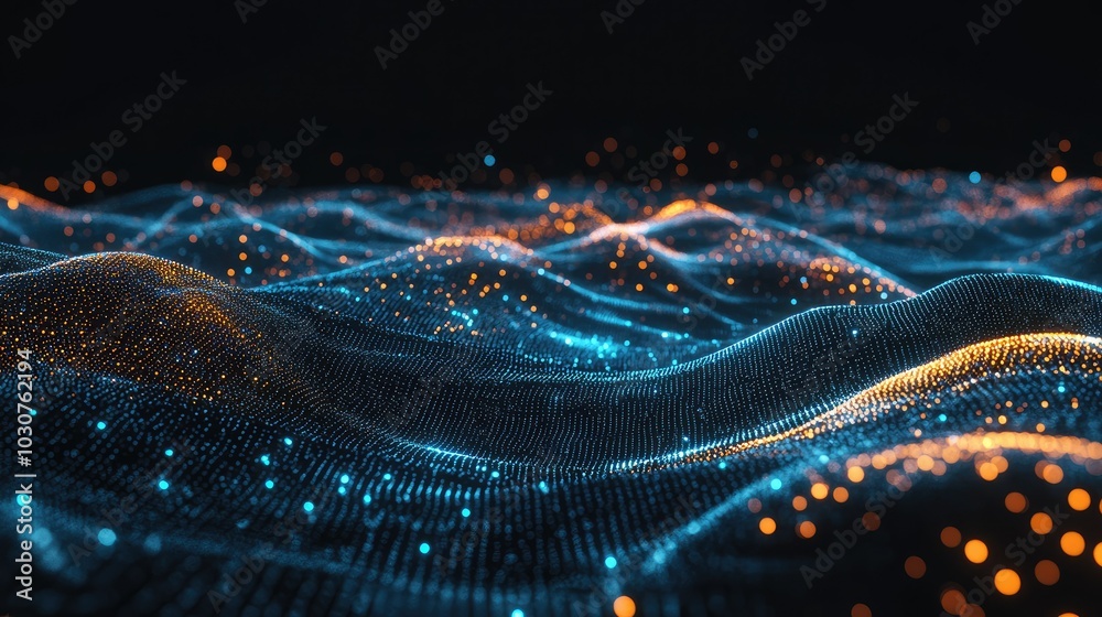 Poster glowing data points and digital waves in an abstract tech background symbolizing modern digital proc
