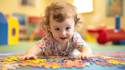 Fototapeta premium Smiling baby playing with colorful puzzle.