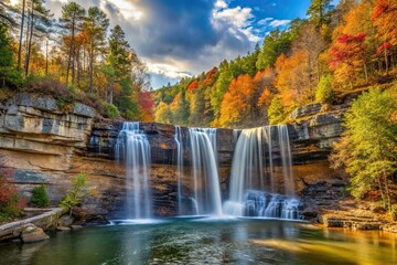 Forced perspective view of De Soto Falls in Alabama during Thanksgiving afternoon