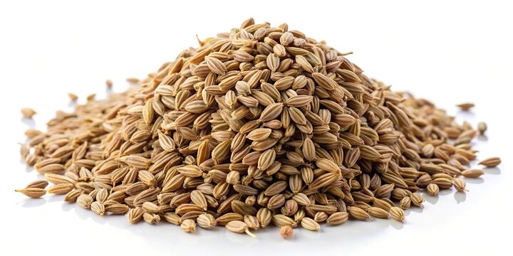 Forced perspective view of Ajwain or Trachyspermum ammi caraway herb spice seeds on white background