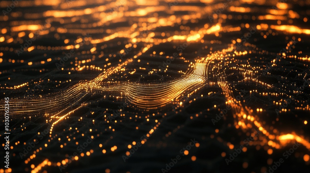 Fototapete Glowing digital grid with abstract waveforms and nodes representing high-tech infrastructure and processes