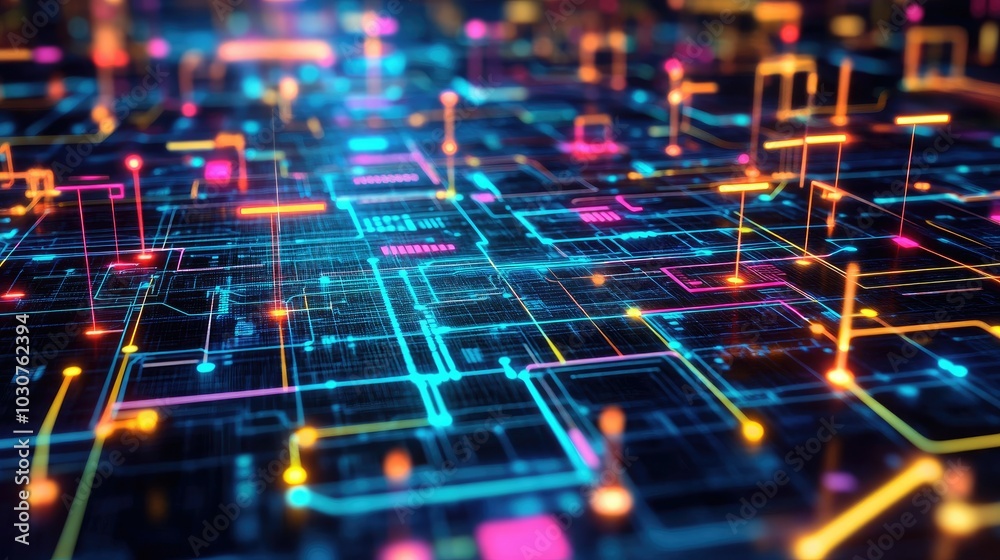 Fototapete Glowing digital grid with abstract waveforms and nodes representing high-tech infrastructure and processes