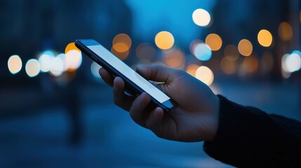 A close-up of a business hand using a mobile phone in a blurred urban scene, capturing the essence of modern communication and technology at night.