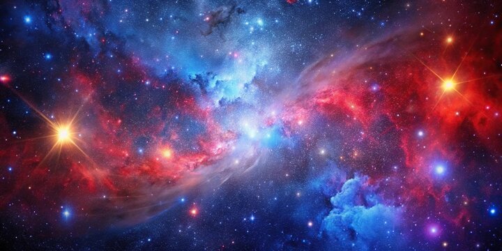 Fototapeta Forced perspective view of universe with red, blue, and purple stars