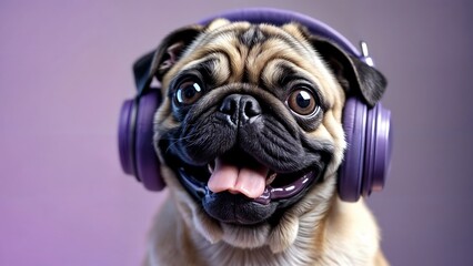 Obraz premium A puppy wear headphone isolated on a solid background.