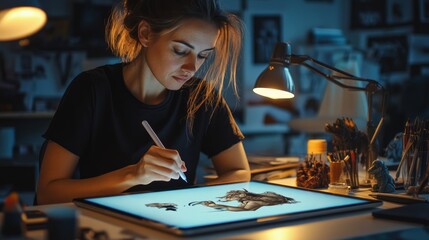 Fototapeta premium Young woman drawing on a digital tablet at her desk in a dimly lit room.
