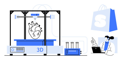 A 3D printer creating a heart model beside a doctor working on a laptop. Ideal for medicine, biotechnology, innovation, technology, healthcare. Clean modern style