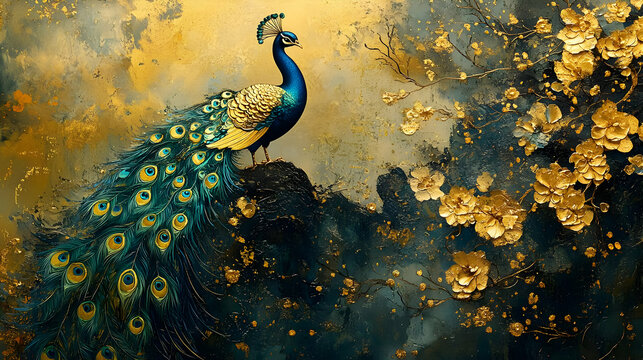 A vibrant peacock stands amidst golden flowers on a textured background.
