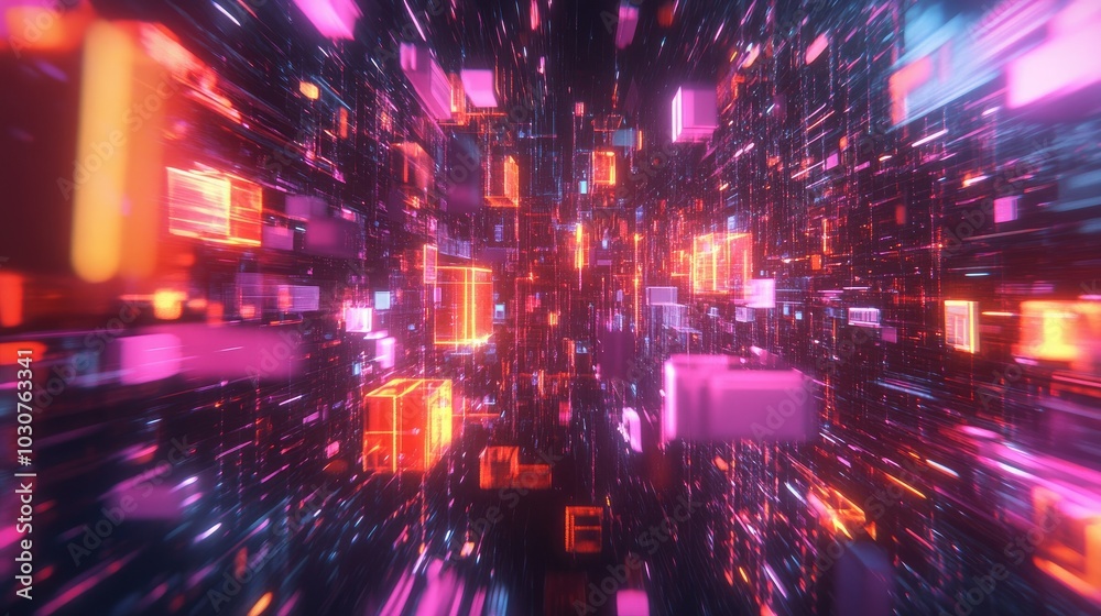 Poster glowing geometric shapes and abstract data particles in a high-tech digital space representing futur