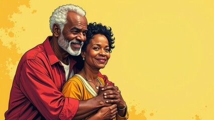 Fototapeta premium Elderly African couple hugging, smiling in a great mood. Free space for text