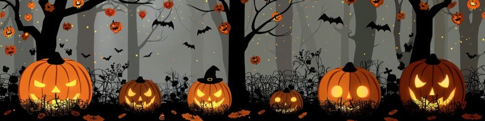 Fototapeta premium A row of glowing jack o lanterns with various carved faces in a foggy forest, surrounded by bats and spooky Halloween trees