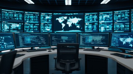 Naklejka premium A high-tech control room filled with multiple screens displaying data, maps, and analytics, designed for monitoring and analysis.