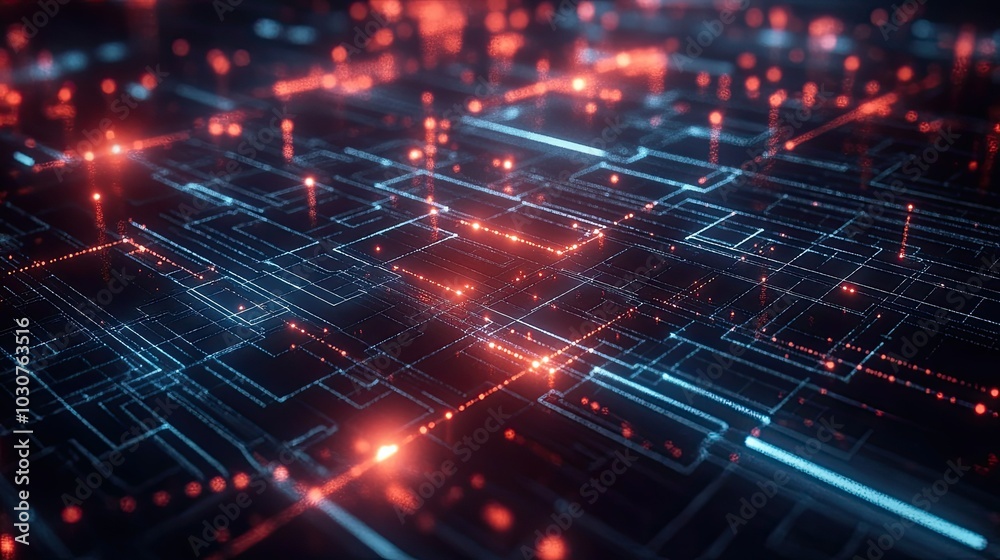 Poster glowing grid of abstract nodes and data pathways representing digital connectivity and technological
