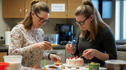 In a bustling kitchen, two employees skillfully decorate cakes with vivid toppings and fresh ingredients