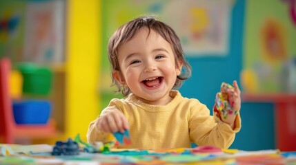 Fototapeta premium Smiling toddler playing with colorful paints.