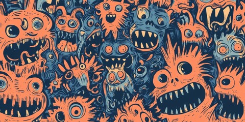 Fototapeta premium Cartoon monsters with big eyes and mouths.