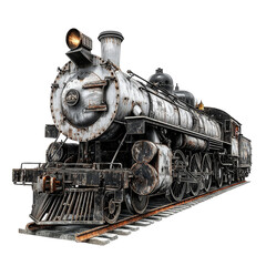 Obraz premium Vintage Steam Locomotive: A weathered and worn steam locomotive stands proudly on the tracks, a testament to the enduring power of the past.