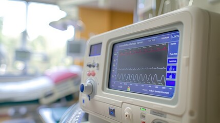 Fototapeta premium Close-up digital screen showing line graph with upward and downward trends, symbolizing cancer research progress and setbacks, medical charts and scientific symbols in background.
