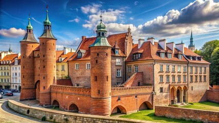 Fototapeta premium Fortified medieval outpost Warsaw barbican from a low angle view