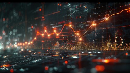 Fototapeta premium Close-up digital screen showing line graph with upward and downward trends, symbolizing cancer research progress and setbacks, medical charts and scientific symbols in background.