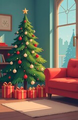 Decorated Christmas tree with wrapped gifts stands in cozy living room, it is snowing outside the window in the background, New Year Eve