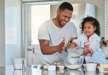 Baking, flour and dad with child in kitchen for cake, sweet treats and dessert for relationship, bonding and fun. Family, home and father with girl and ingredients, recipe or learning skills together