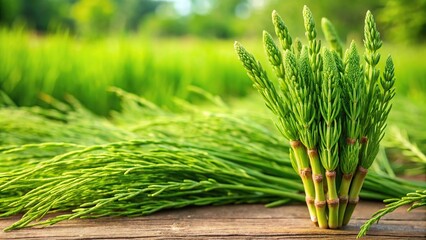 Fresh and dried field horsetail with selective focus on foreground