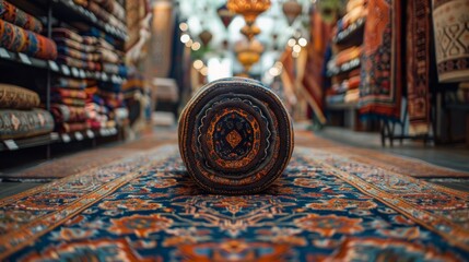 Variety of the gorgeous oriental carpets in traditional carpet store in Middle East. Pile of beautiful handmade carpets on the traditional Middle East market bazaar.
