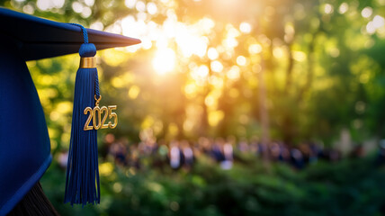 Close-up of a graduation cap with a blue tassel marked 2025, against a blurred outdoor background of greenery and sunlight
