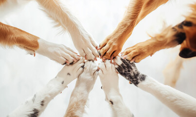 Obraz premium Close-up of multiple dog paws coming together in a playful, team-like gesture, symbolizing unity and collaboration among dogs