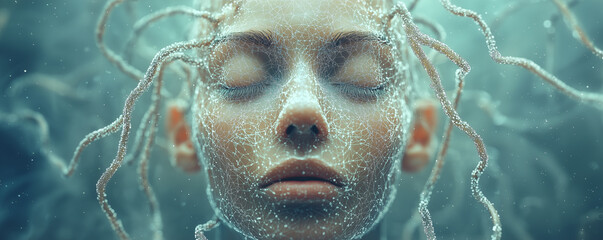 Abstract representation of a human face merging with neural networks and artificial intelligence, symbolizing the integration of human consciousness and AI neural networks in a futuristic concept